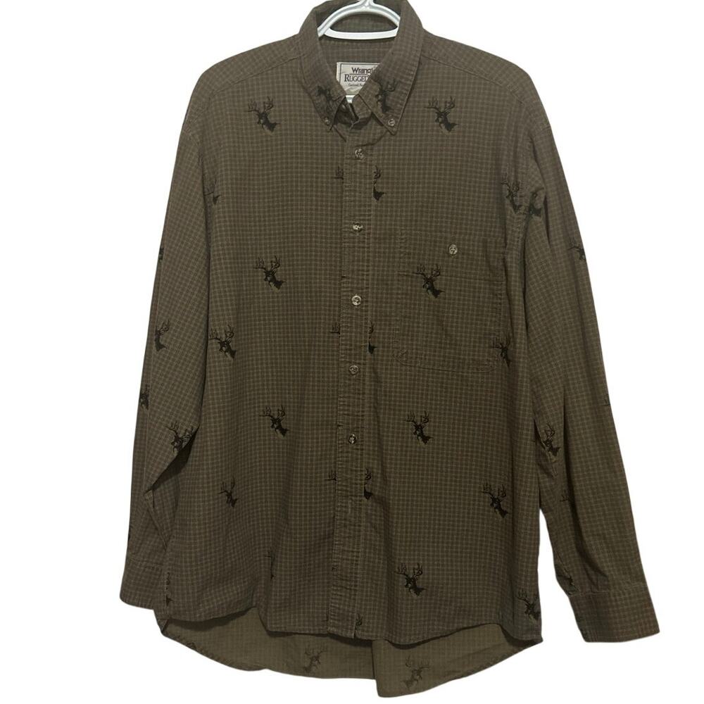 Wrangler Rugged Wear Men's Brown Black Deer Long Sleeve Button Down Shirt Size L